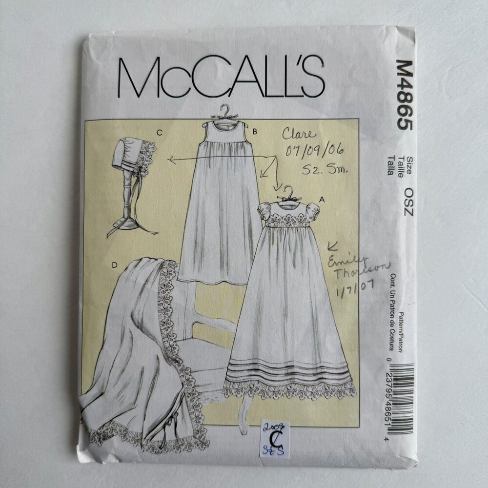 McCalls 4865 Christening Baptism Dress Bonnet Slip Blanket Pattern NB-S CUT